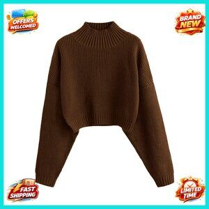 Cropped Turtleneck Sweater Lantern Sleeve Ribbed Knit Pullover Size S